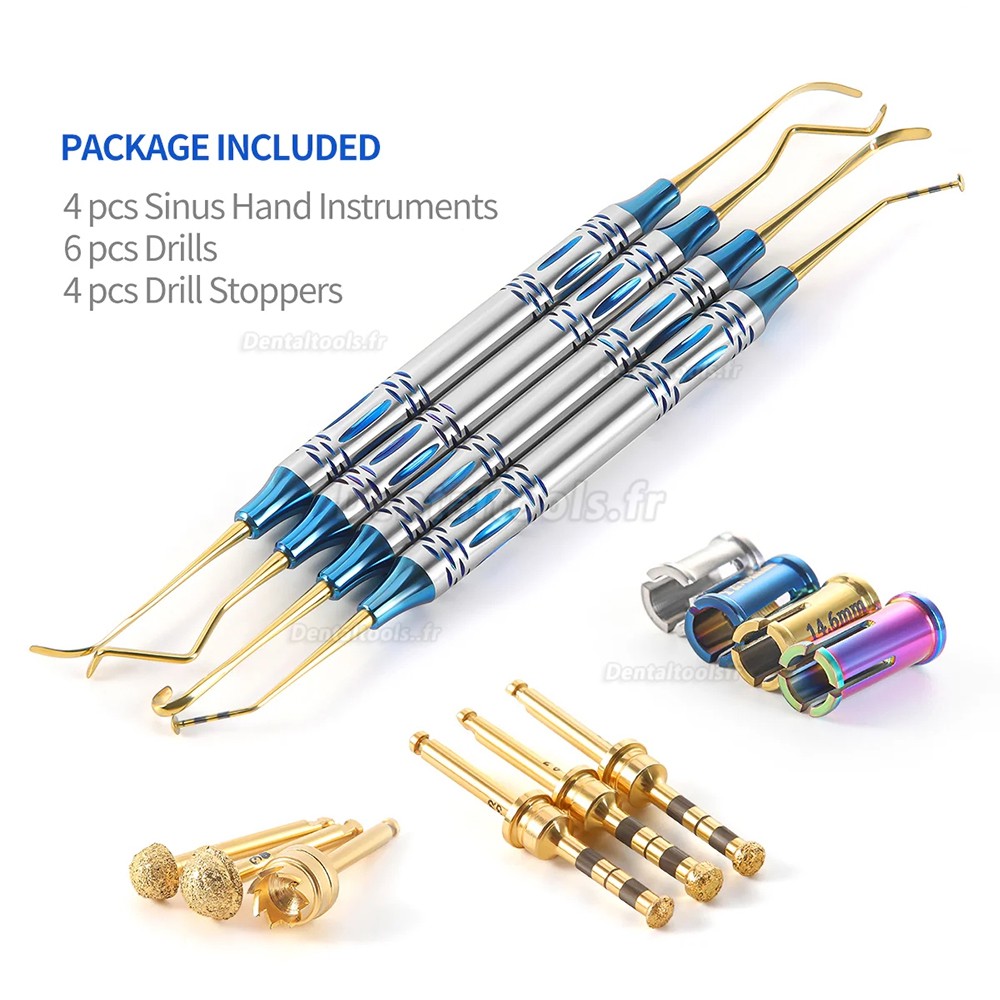 Kit d'&eacute;l&eacute;vation sinusienne avec forets, but&eacute;es et d&eacute;colleur p&eacute;riost&eacute; pour implant dentaire